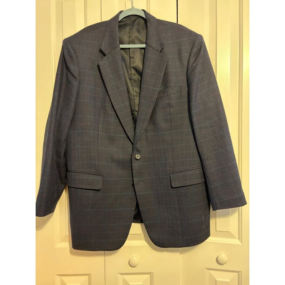 Mens Plaid Blazer Navy Blue Multi Color Check Wool Blend Sport Coat Tailored Fit
